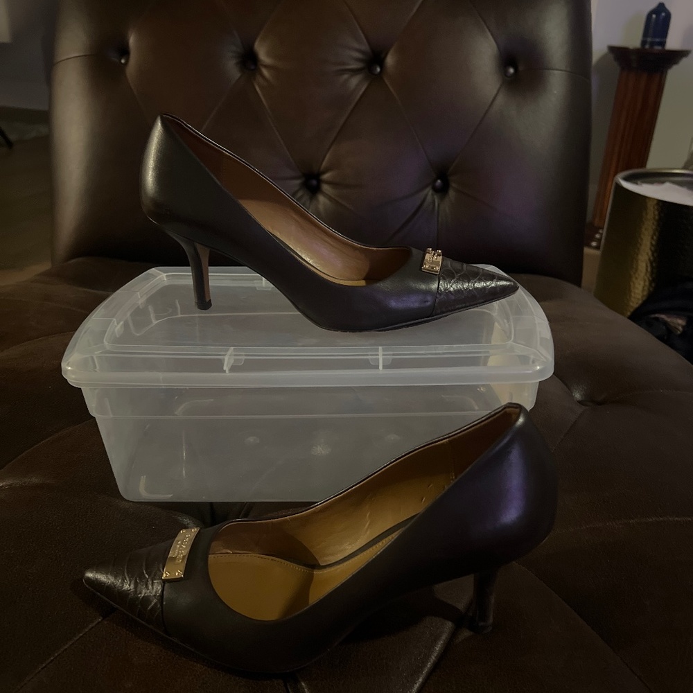 Coach Zan Leather Pointed Toe Pumps Brown Gold Tone Hardware Logo